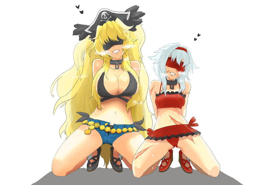 2girls absurdres anne_bonny_(fate) bikini blindfold blonde_hair blush breasts cleavage collar damu_(damudamu) fate/grand_order fate_(series) hat heart heavy_breathing highres jolly_roger kneeling large_breasts loving_aura mary_read_(fate) medium_breasts multiple_girls pirate_hat side-tie_bikini_bottom sweat swimsuit thighs white_hair
