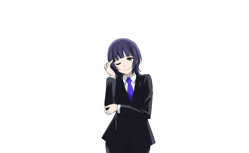 1girl asaka_karin black_pants black_suit blue_eyes blue_hair blue_necktie blunt_bangs business_suit closed_mouth collared_shirt cowboy_shot formal_clothes hand_in_own_hair hand_on_own_elbow hand_up highres long_sleeves looking_at_viewer love_live! love_live!_nijigasaki_high_school_idol_club love_live!_school_idol_festival_2 medium_hair necktie official_art one_eye_closed pants shirt solo suit transparent_background white_shirt