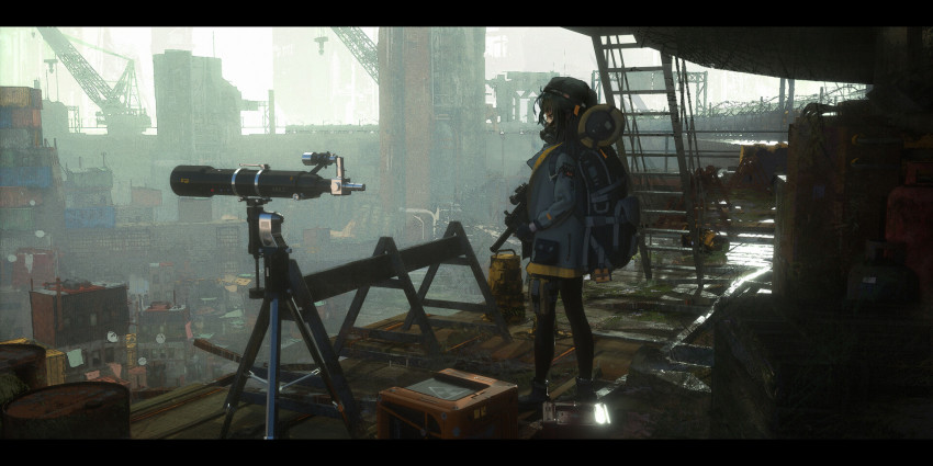1girl backpack bag barbed_wire black_boots black_gloves black_hair black_hat black_pantyhose blue_jacket boots crane_(machine) day drum_(container) female_focus fen_bang_laoda first_aid_kit from_side full_body gas_cylinder gloves gun half-closed_eyes hat highres holding holding_gun holding_weapon jacket kriss_usa kriss_vector letterboxed long_hair long_sleeves looking_down magpul mask moss original outdoors pantyhose pocket pouch radiation_symbol respirator road_sign rust satellite_dish shipping_container sidelocks sign solo stairs standing submachine_gun suppressor telescope thigh_strap transformational_defense_industries two-handed weapon