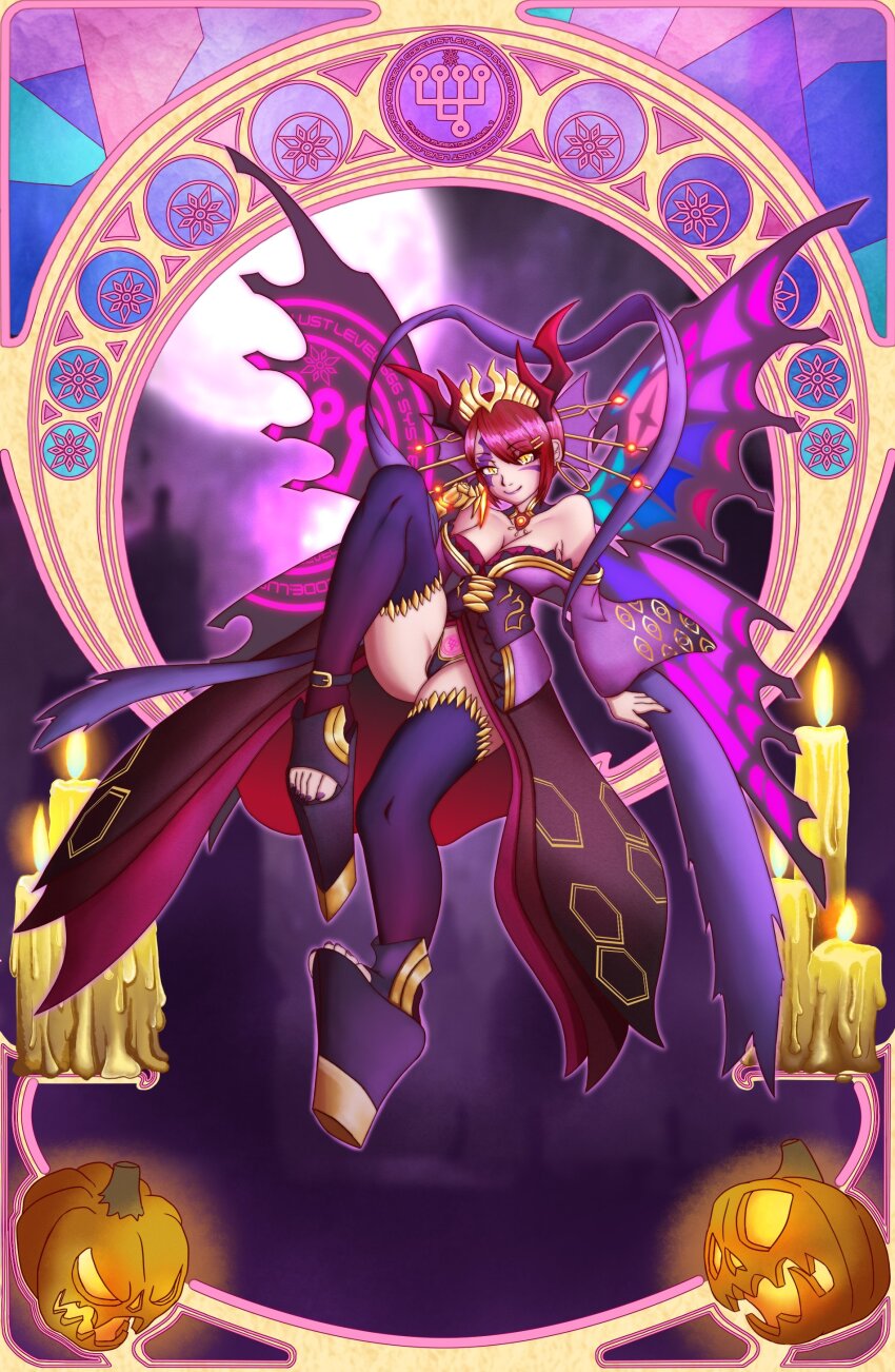 1girl absurdres bare_shoulders breasts cosplay digimon earrings feet female_focus highres jack-o&#039;-lantern jewelry lilithmon lilithmon_(cosplay) lilithmon_x-antibody lilithmon_x-antibody_(cosplay) nail_polish pumpkin purple_toenails smile solo toenails toes yellow_eyes