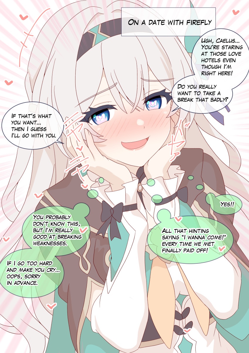 1girl absurdres black_hairband blue_eyes blush detached_sleeves doyagao english_text firefly_(honkai:_star_rail) grey_hair hair_between_eyes hair_intakes hair_ornament hairband head_on_hands heart highres honkai:_star_rail honkai_(series) jacket kemonya777 long_hair looking_at_viewer mixed-language_commentary multicolored_eyes open_mouth pink_eyes shirt smile smug solo speech_bubble thought_bubble two-tone_eyes upper_body