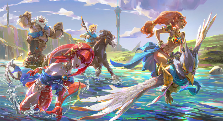 2girls 3boys beak bird bird_wings bug champion&#039;s_tunic_(zelda) cloud cloudy_sky commentary dark-skinned_female dark_skin daruk english_commentary epona feathers fish_girl fly flying gerudo goron guardian_(zelda) highres horse horse_racing insect jewelry lance link mipha monster_boy monster_girl multiple_boys multiple_girls nintendo non-humanoid_robot polearm revali riding rito robot shengyi_sun sky swimming the_legend_of_zelda the_legend_of_zelda:_breath_of_the_wild tower urbosa walking walking_on_liquid water weapon weapon_on_back winged_arms wings zora