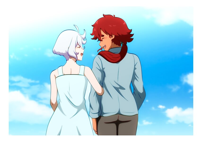 2girls black_pants blue_dress blue_jacket blue_sky closed_eyes cloud commentary day dress from_behind gundam gundam_suisei_no_majo highres jacket jewelry long_hair miorine_rembran multiple_girls natu4687 open_mouth outdoors pants ponytail red_hair ring short_hair sky smile suletta_mercury symbol-only_commentary thick_eyebrows wedding_ring white_hair wife_and_wife yuri