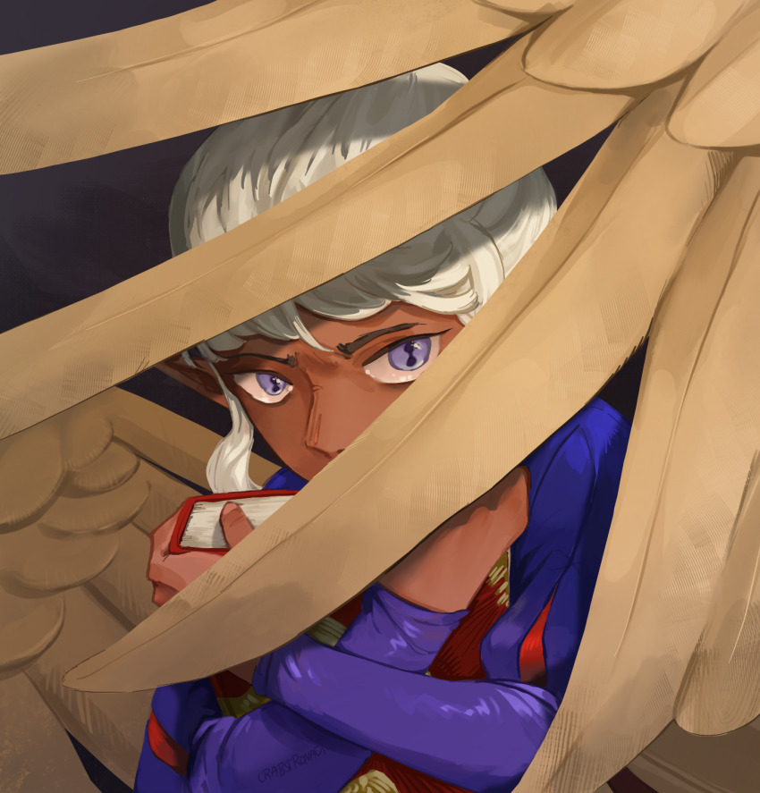 androgynous book dark-skinned_male dark_elf dark_skin dungeon_meshi elf feathered_wings grimoire highres jester jester_costume looking_at_viewer pointy_ears puff_and_slash_sleeves puffy_sleeves purple_eyes purple_tunic short_bangs thistle_(dungeon_meshi) tunic user_rsue4877 wavy_hair white_hair wings