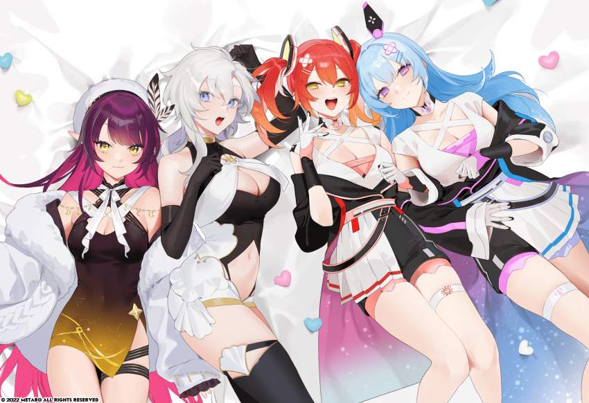 2022 4girls :3 absurdres black_gloves blue_eyes blue_hair breasts cleavage closed_mouth company_name copyright_notice dress elbow_gloves etherna_celine etherna_helen feathers gloves hair_between_eyes hat heart highres large_breasts liora_walkyria long_hair looking_at_viewer lying medium_breasts medium_hair multiple_girls navel neck_ribbon official_art ohisashiburi on_back on_side open_mouth orange_hair penelope_wiseman pointy_ears purple_eyes purple_hair ribbon second-party_source siblings sisters skirt smile thigh_strap thighhighs twintails v&amp;u_entertainment virtual_youtuber white_hair white_headwear white_ribbon yellow_eyes