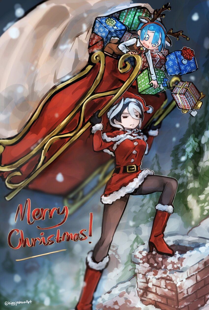 1boy 1girl alternate_costume antlers black_gloves black_hair blue_eyes blue_hair boots brown_pantyhose chimney christmas commentary_request dress fake_antlers fur-trimmed_boots fur-trimmed_dress fur_trim gift gloves highres horns kingjoshua long_sleeves made_in_abyss maruruk merry_christmas multicolored_hair ozen pantyhose red_dress red_footwear reindeer_antlers santa_costume santa_dress shirt short_hair sleigh snowing strong twitter_username two-tone_hair white_hair white_shirt