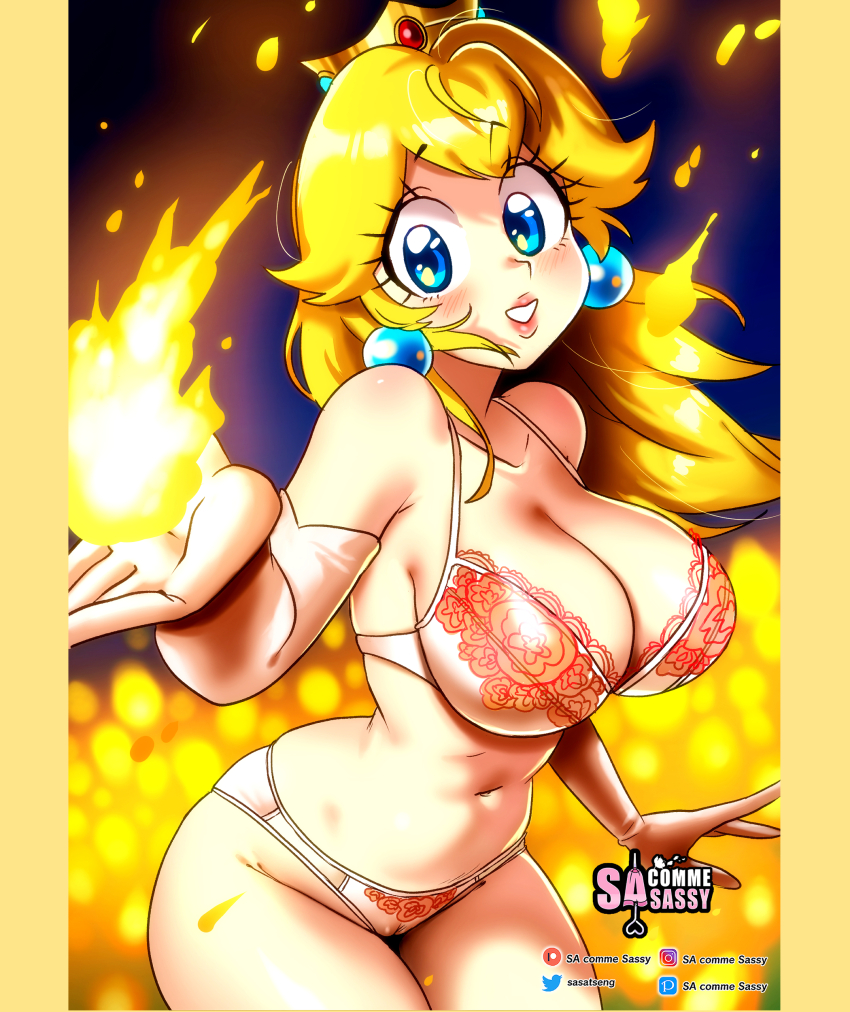 1girl absurdres bare_shoulders black_background blonde_hair blue_background blue_eyes blush border bra breasts cameltoe collarbone cowboy_shot crown earrings elbow_gloves fire fire_peach gloves gradient_background highres jewelry large_breasts lingerie long_hair looking_at_viewer mario_(series) navel nintendo open_mouth panties princess_peach sasa_tseng smile solo standing the_super_mario_bros._movie underwear white_bra white_gloves white_panties yellow_border