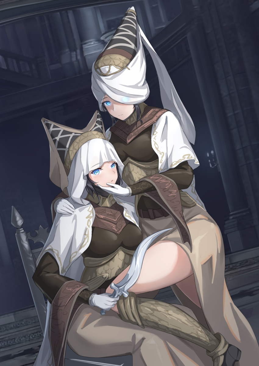 2girls absurdres alternate_skin_color armor armored_dress black_hair blue_eyes cape chair dagger dress elden_ring glowing glowing_eyes hand_on_another&#039;s_face hand_on_another&#039;s_shoulder headdress highres knife multiple_girls night_maiden_(elden_ring) user_wtxr2258 weapon white_cape