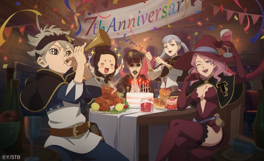 2boys 3girls asta_(black_clover) black_clover black_hair breasts charmy_pappitson cleavage gordon_agrippa hat highres large_breasts long_hair multiple_boys multiple_girls noelle_silva pink_hair purple_eyes silver_hair smile thighhighs twintails vanessa_enoteca witch_hat