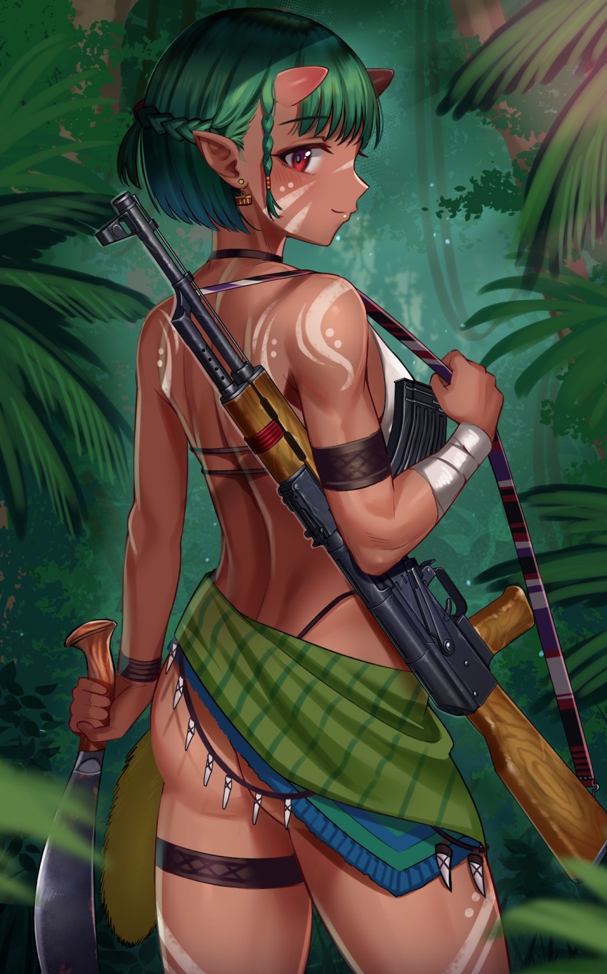 1girl akm ass assault_rifle back bare_shoulders bikini blush bodypaint braid breasts dark-skinned_female dark_skin earrings green_hair gun gun_sling highres holding holding_weapon horns jewelry kalashnikov_rifle original pointy_ears red_eyes rifle short_hair smile solo swimsuit thigh_strap toin_(iitoin) weapon white_bikini
