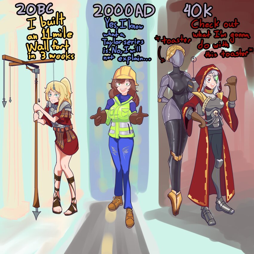 4girls absurdres adeptus_mechanicus android armor atomic_heart blonde_hair boots brown_hair cyborg dated deathekid1 engineer engineer_(centurii-chan) english_text gloves greco-roman_clothes grey_hair hard_hat helmet highres left_(atomic_heart) legionnaire multiple_girls original roman_clothes roman_empire sandals techpriest vest warhammer_40k yellow_vest