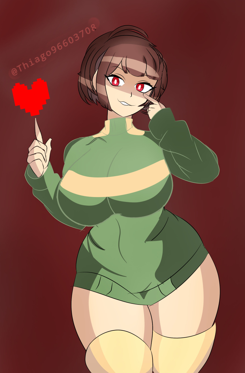 1girl absurdres artist_name breasts brown_hair chara chara_(undertale) curvy female_focus focus heart highres large_breasts looking_at_viewer red_eyes solo soul sweater tfa tfa_(artist) thick_thighs thighhighs thighs undertale undertale wide_hips