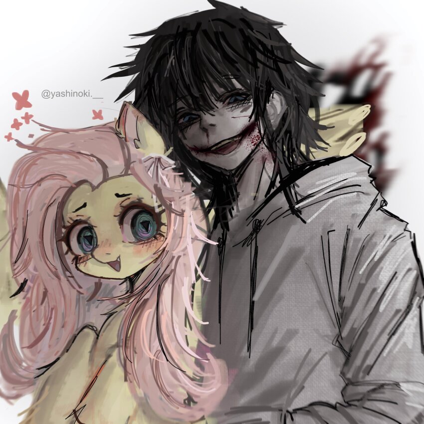 1boy bags_under_eyes black_hair blood blue_eyes colored_skin commentary creepypasta crossover drawstring english_commentary fang flower fluttershy glasgow_smile green_eyes hand_in_pocket highres hood hood_down hoodie jeff_the_killer long_hair looking_at_viewer medium_hair messy_hair my_little_pony my_little_pony:_friendship_is_magic nosebleed open_mouth pegasus pink_hair red_flower ringed_eyes simple_background smile symbol-shaped_pupils teeth triangle-shaped_pupils twitter_username upper_body upper_teeth_only white_background white_hoodie white_skin yashinokiii yellow_skin