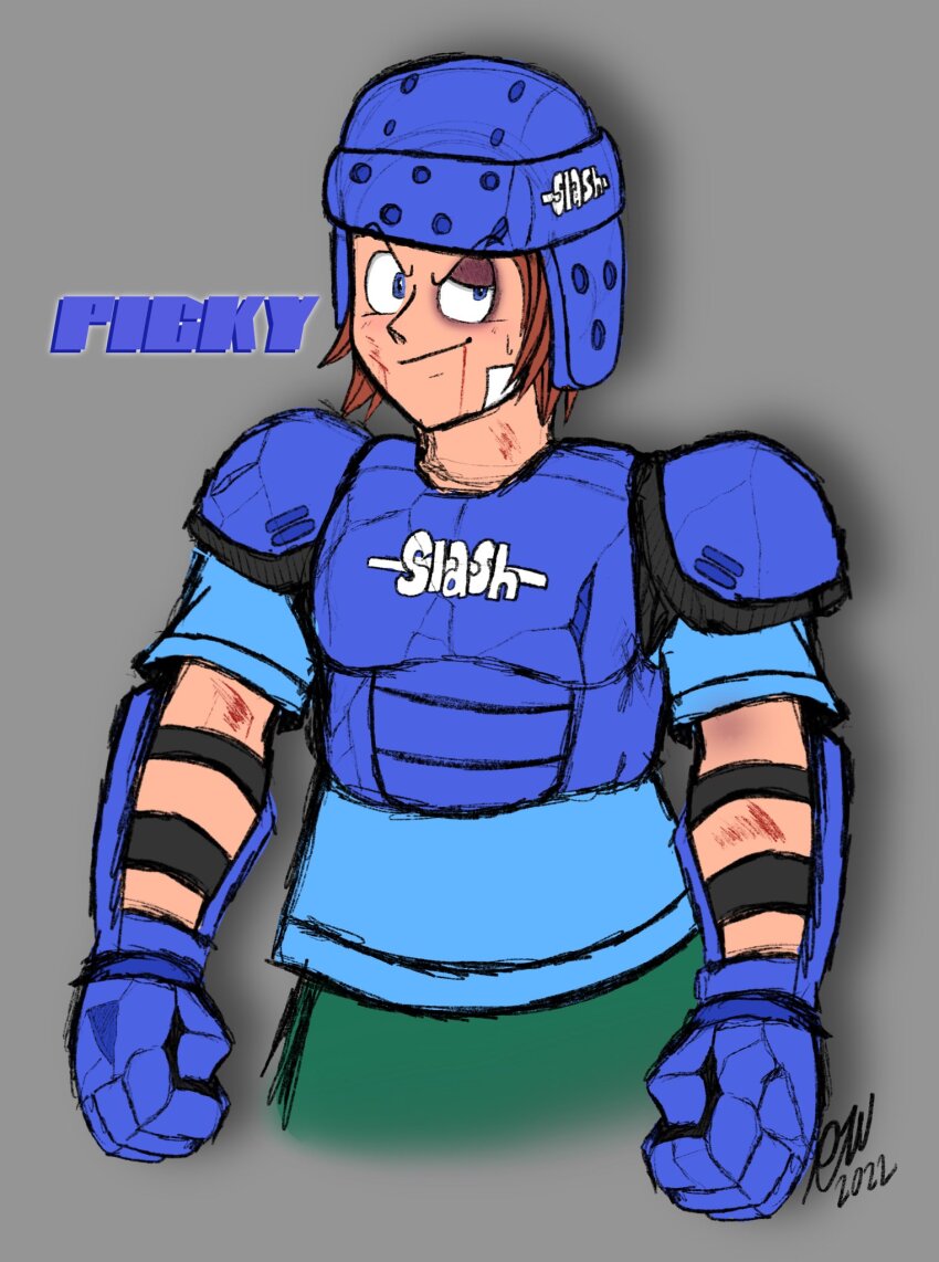 1boy 2022 armor armored_gloves bandages blood blood_from_mouth blue_eyes brown_hair bruise bruised_eye character_name cracked_armor english_text fighting_vipers grin highres injury picky_(fighting_vipers) rwiseart scratches sega short_hair shoulder_armor signature simple_background smile