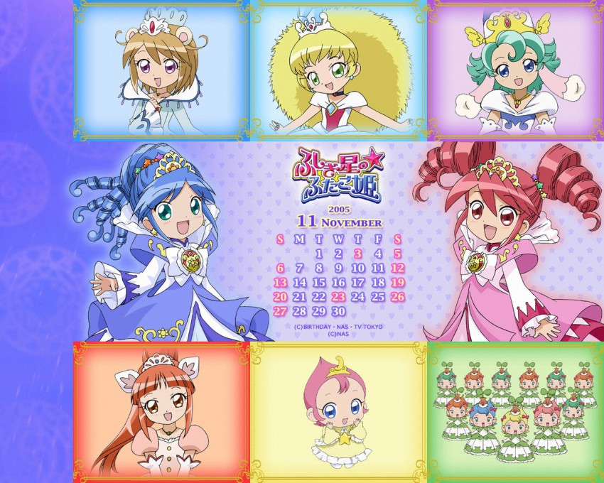00s 2005 6+girls altessa blonde_hair calendar diamond_(gemstone) everyone fine_(futagohime) fine_(prominence_dress_up)_(futagohime) fushigiboshi_no_futago_hime leonne milky_(futagohime) miruro multiple_girls november rein_(futagohime) rein_(prominence_dress_up)_(futagohime) seedprincesses sophie_(futagohime) the_eleven_seed_princesses