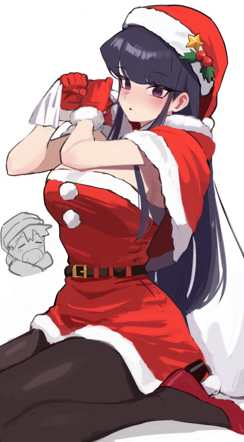 1boy 1girl ayatak0517 black_hair black_pantyhose breasts capelet dress fur-trimmed_capelet fur-trimmed_dress fur-trimmed_gloves fur-trimmed_headwear fur_trim gloves hat high_heels highres holding holding_sack komi-san_wa_komyushou_desu komi_shouko large_breasts long_hair pantyhose purple_eyes red_capelet red_dress red_gloves red_hat sack santa_costume santa_dress santa_hat simple_background tadano_hitohito white_background