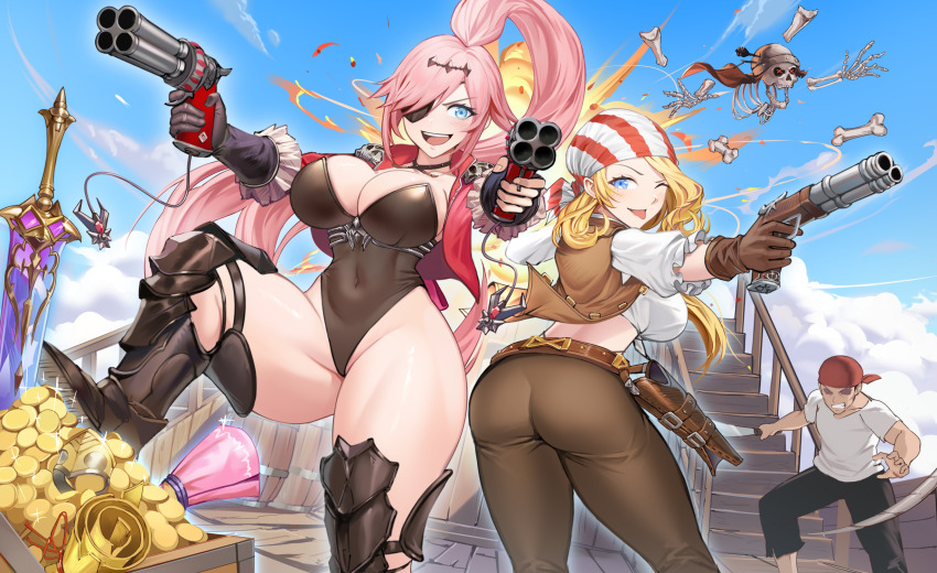 1boy 1other 2girls aiming armor arrow_(projectile) arrow_in_body arrow_in_head bandana barrel belt black_pants blonde_hair blue_eyes bone breasts brown_dust_(series) brown_dust_2 brown_leotard cloud cloudy_sky coin double_barrels dual_wielding explosion eyepatch feet_out_of_frame gold_coin greatsword greaves groin gun helmet highres holding holding_gun holding_sword holding_weapon holster ingrid_(brown_dust) large_breasts leotard long_hair looking_at_viewer looking_back multiple_girls no_eyes object_through_head one_eye_closed pants pink_hair ponytail red_bandana rubia_(brown_dust) scroll ship ship_deck shirt skeleton sky smug sword teeth thick_thighs thigh_holster thighhighs thighs tight_clothes tight_pants tongue tongue_out treasure_chest two-tone_bandana upper_teeth_only very_long_hair watercraft weapon white_shirt wiggle_(brown_dust) yohan_29842724