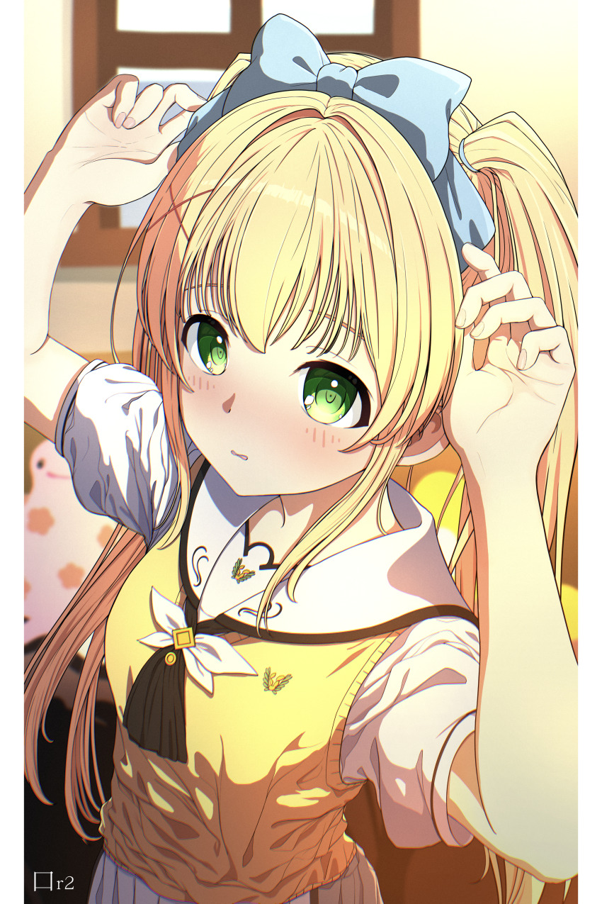 1girl absurdres artist_name ascot black_ascot blonde_hair blue_bow blush border bow cappu_chino1204 commentary cowboy_shot embarrassed eyebrows_hidden_by_hair fingernails green_eyes hair_between_eyes hair_bow hair_intakes hair_ornament hands_up highres indoors long_hair looking_at_viewer nose_blush open_mouth puffy_short_sleeves puffy_sleeves ringed_eyes sailor_collar school_uniform serafuku shirt short_sleeves sidelocks skirt solo straight_hair summer_pockets summer_pockets_school_uniform sweater_vest tsumugi_wenders twintails very_long_hair wavy_mouth white_border white_sailor_collar white_serafuku white_shirt white_skirt x_hair_ornament yellow_sweater_vest