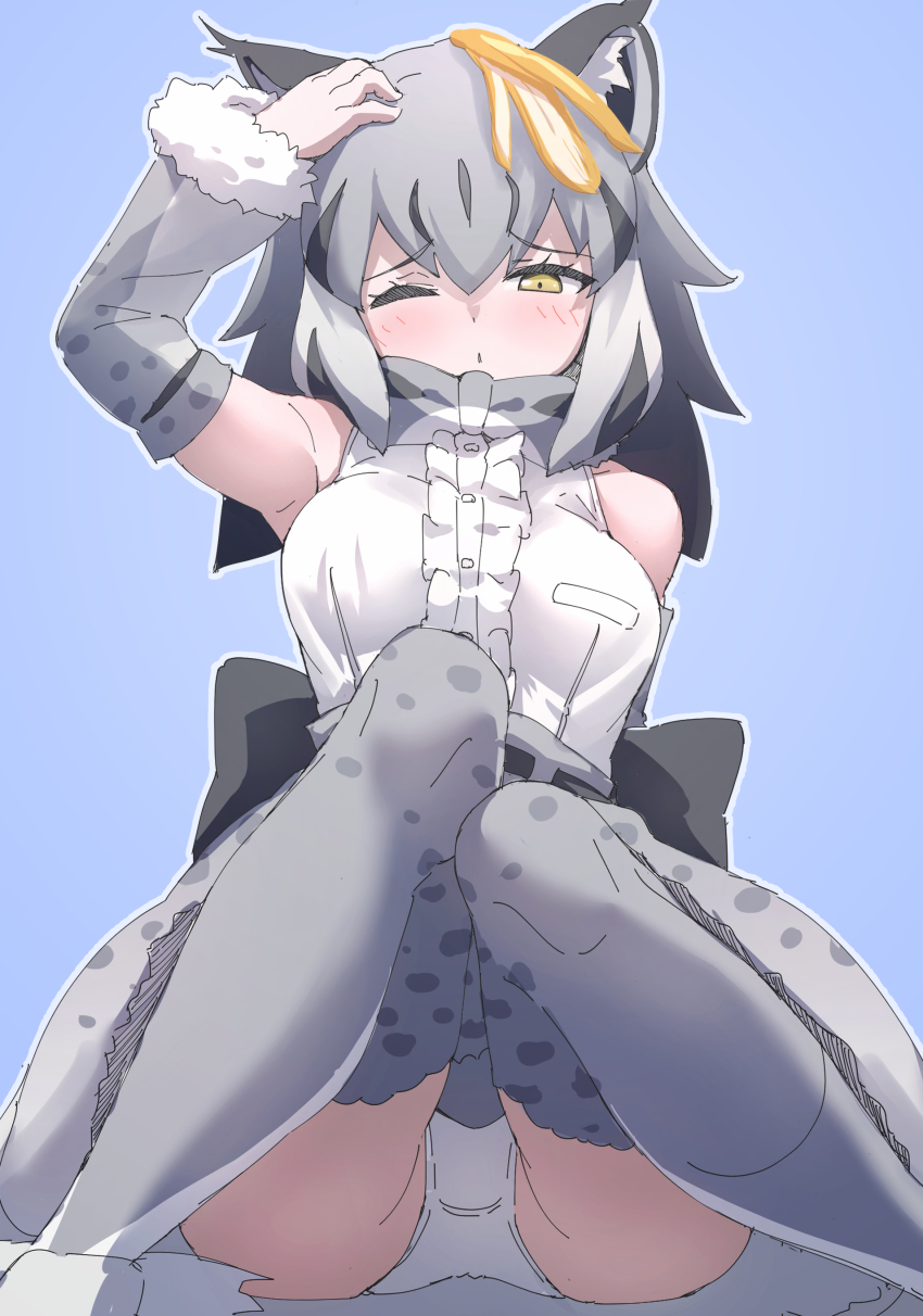 1girl absurdres animal_ears banana_peel belt blue_background bow bowtie canadian_lynx_(kemono_friends) cat_ears cat_girl elbow_gloves extra_ears gloves grey_hair highres kemono_friends long_hair looking_at_viewer lowlandgorilla one_eye_closed panties ribbon shirt simple_background sitting skirt sleeveless sleeveless_shirt solo thighhighs underwear yellow_eyes