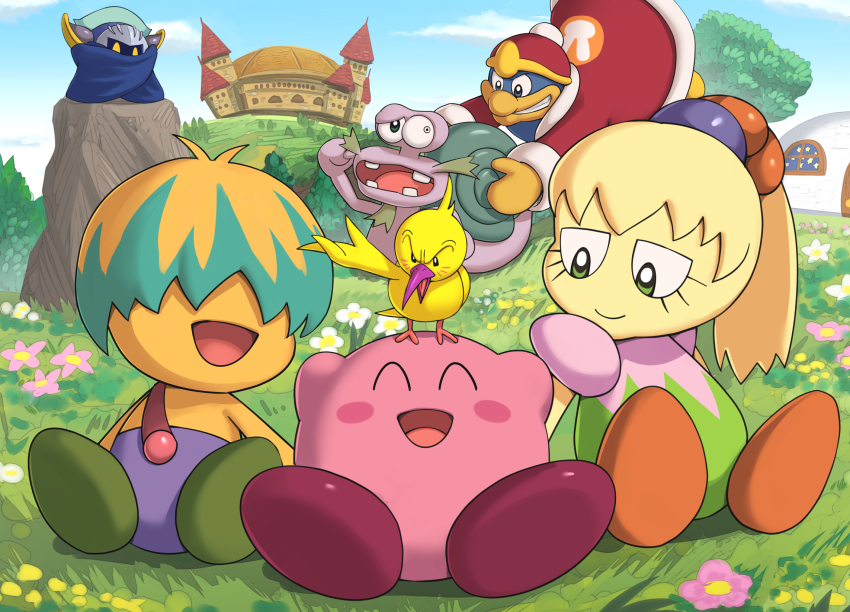 blue_sky boulder bun_(kirby) castle_dedede escargon closed_eyes flower fumu_(kirby) gonzarez grass highres hill king_dedede kirby kirby&#039;s_house kirby:_right_back_at_ya kirby_(series) looking_at_another meta_knight nintendo ponytail sky smile tokkori_(kirby) tree