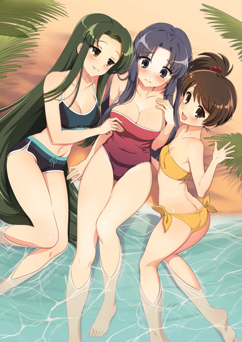 3girls absurdres asakura_ryoko bandeau barefoot bikini blue_bikini blue_eyes blue_hair blush breasts brown_eyes cleavage collarbone commentary_request commission fang feet female_focus forehead grabbing_another&#039;s_breast green_hair groping highres ichimi_renge kyon_no_imouto large_breasts long_hair looking_at_another looking_at_viewer multiple_girls navel one-piece_swimsuit parted_bangs pixiv_commission red_one-piece_swimsuit revision second-party_source side-tie_bikini_bottom side_ponytail small_breasts soaking_feet strapless strapless_one-piece_swimsuit suzumiya_haruhi_no_yuuutsu swimsuit thighs tsuruya tube_top very_long_hair water yellow_bikini yuri