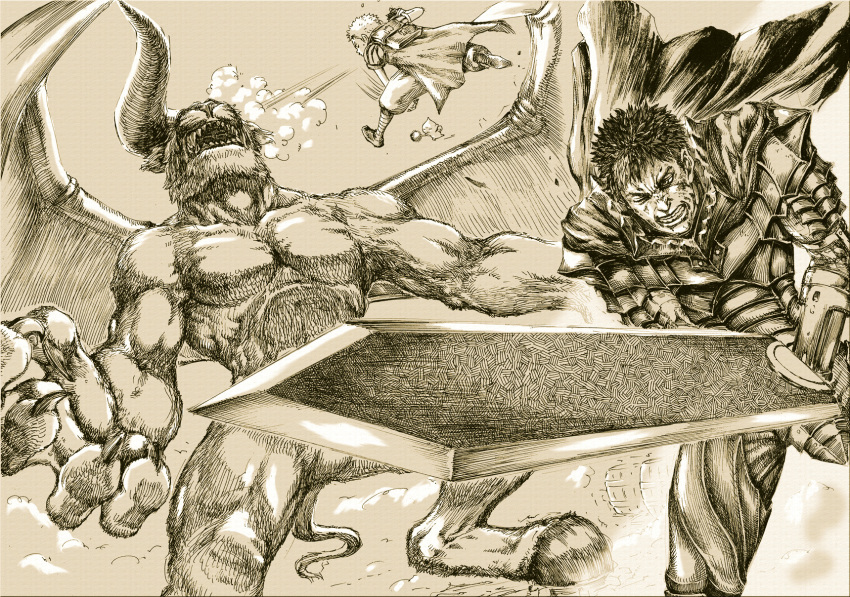1990s_(style) 2boys berserk convenient_censoring dal-segno demon_wings dragonslayer_(sword) fighting guts_(berserk) highres hooves horns ishidro isidro_(berserk) monochrome monster multiple_boys puck_(berserk) single_horn sketch snout sword tail weapon wings zodd_(berserk)