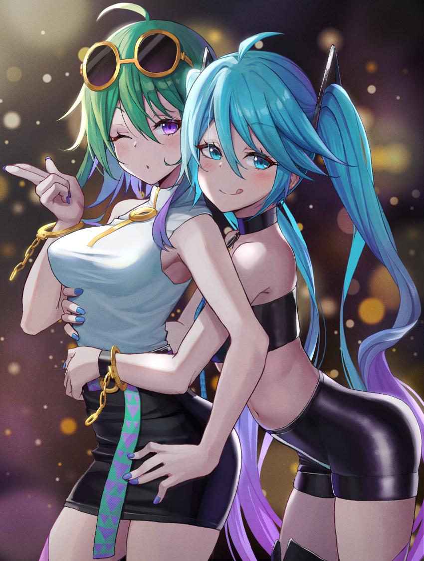 2girls :q ahoge arched_back bandeau bare_arms bare_shoulders bib_(bibboss39) bike_shorts black_choker black_legwear black_shorts blue_eyes blue_hair blue_nails breasts choker closed_mouth crop_top cuffs eyewear_on_head flat_chest getcha!_(vocaloid) gold gradient_hair green_hair gumi hair_between_eyes handcuffs hatsune_miku high-waist_shorts high-waist_skirt highres hug hug_from_behind long_hair looking_at_viewer medium_breasts midriff miniskirt multicolored_hair multiple_girls nail_polish navel one_eye_closed pencil_skirt purple_eyes revealing_clothes shirt short_hair short_shorts shorts sidelocks skirt sleeveless sleeveless_shirt smile stomach strapless sunglasses thighhighs thighs tongue tongue_out tube_top twintails very_long_hair vocaloid white_shirt