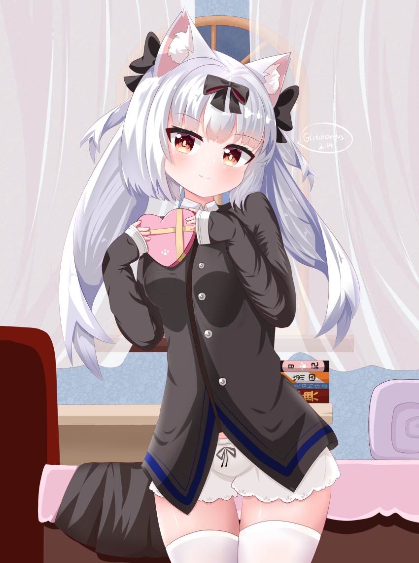 absurdres animal_ear_fluff animal_ears azur_lane bed black_ribbon black_shirt cat_ears glitchcampus hair_ornament hair_ribbon heart highres ribbon shirt shorts sleepwear smile thighhighs thighs valentine valentine valentine_chocolate white_hair white_thighhighs yellow_eyes yukikaze_(azur_lane)