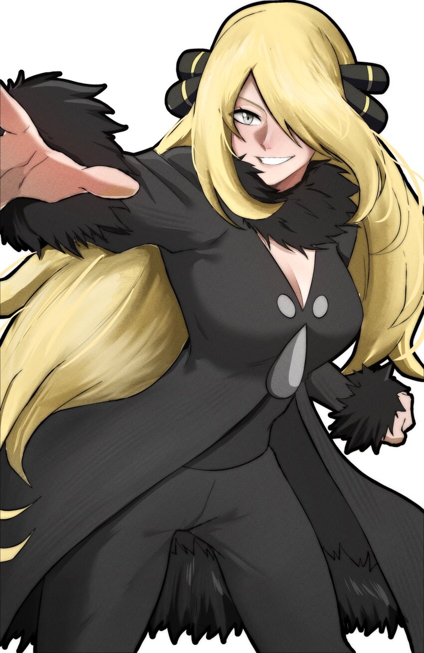 1girl black_coat black_pants blonde_hair breasts cleavage coat cowboy_shot cynthia_(pokemon) hair_over_one_eye highres large_breasts long_hair nintendo pants pokemon pokemon_dppt simple_background smile solo thatamaan white_background