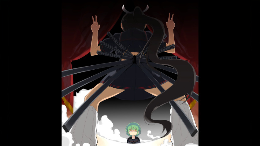 2girls absurdres black_hair black_sailor_collar black_shirt black_skirt chibi curtains dark-skinned_female dark_background dark_skin double_v fog from_behind game_cg green_hair hebijo_academy_school_uniform highres hikage_(senran_kagura) homura_(senran_kagura) long_hair multiple_girls non-web_source official_art open_mouth pillarboxed ponytail sailor_collar school_uniform senran_kagura senran_kagura_burst shirt short_hair skirt slit_pupils socks squatting sweatdrop sword tan v weapon weapon_on_back white_socks yaegashi_nan yellow_eyes