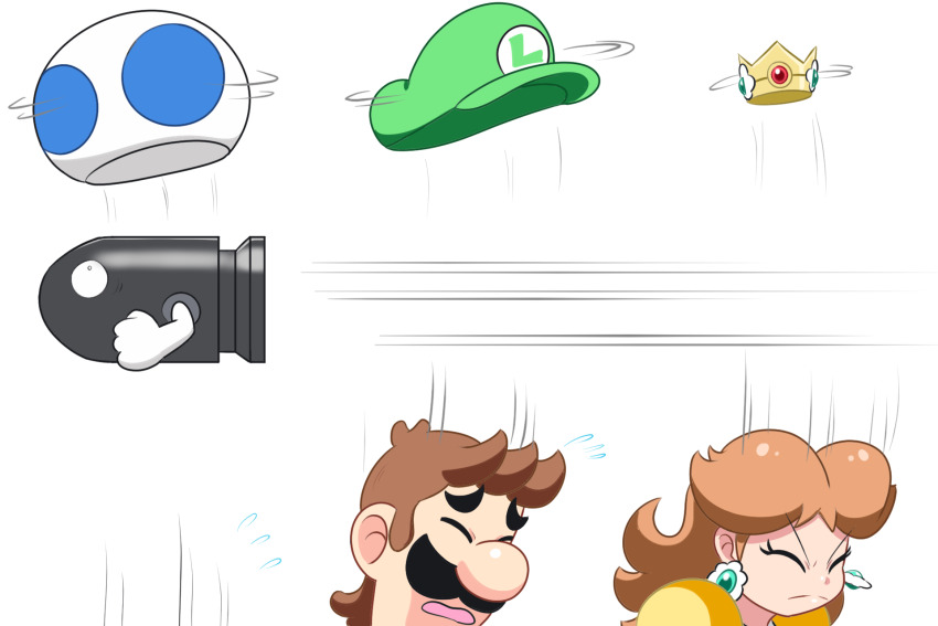 1boy 1girl blue_toad_(mario) brown_hair bullet_bill closed_eyes crown dress earrings facial_hair flower_earrings frown hat highres jewelry kirihoshi luigi mario_(series) mustache nintendo orange_dress overalls princess_daisy surprised toad_(mario) unworn_crown unworn_hat unworn_headwear