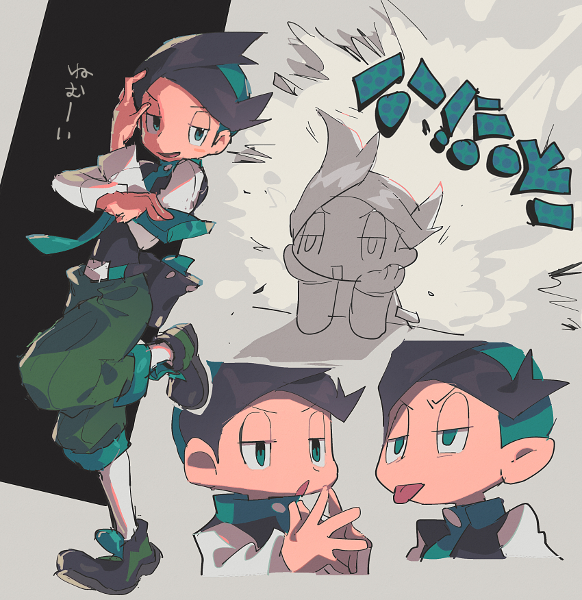 1boy absurdres belt black_footwear black_hair buttons capri_pants commentary_request green_eyes green_hair green_necktie green_pants half-closed_eyes highres holding leg_up male_focus multicolored_hair multiple_views necktie nintendo pants partially_colored pokemon pokemon_dppt pokemon_platinum shoes short_hair suzuka_g thorton_(pokemon) tongue tongue_out two-tone_hair
