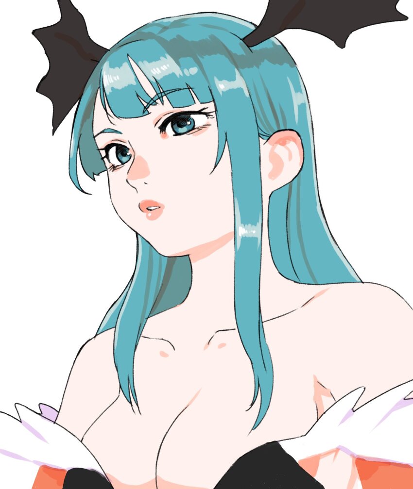 1girl blue_hair breasts collarbone darkstalkers gan2 head_wings highres large_breasts long_hair looking_ahead morrigan_aensland pink_lips sidelocks simple_background solo upper_body white_background wings
