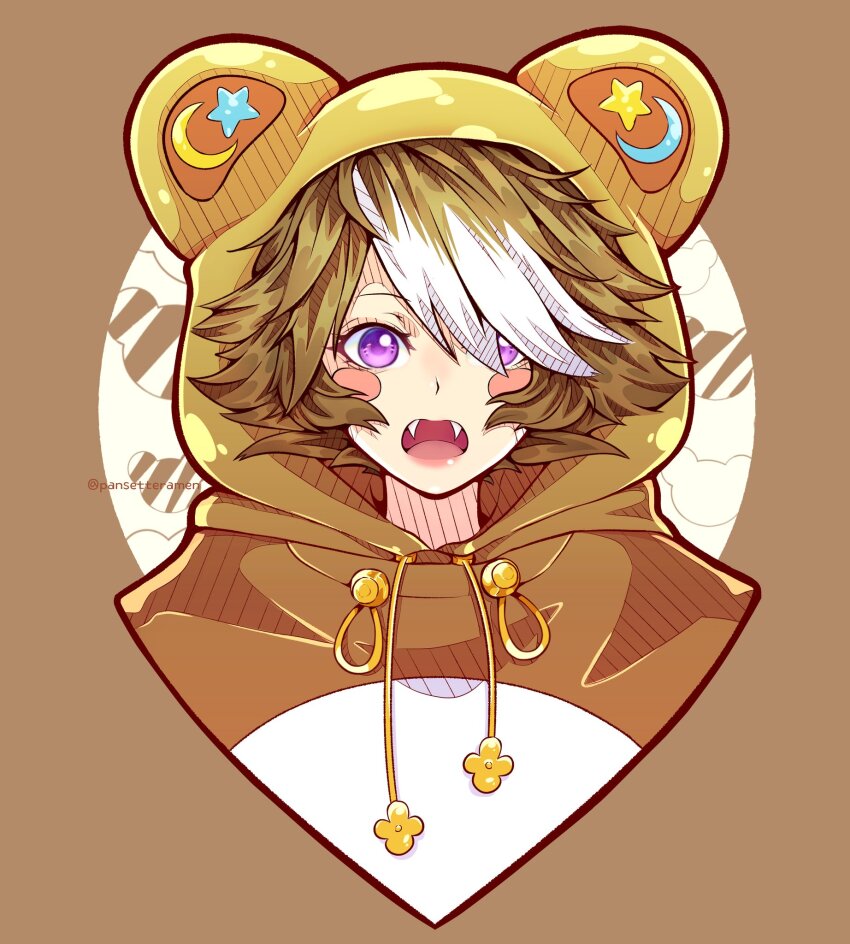 1girl animal_costume animal_ears arknights bear_ears beehunter_(arknights) beehunter_(honey_pilferer)_(arknights) brown_hair hair_over_one_eye highres hood looking_at_viewer multicolored_hair official_alternate_costume open_mouth pansetteramen purple_eyes short_hair simple_background solo streaked_hair two-tone_hair white_hair