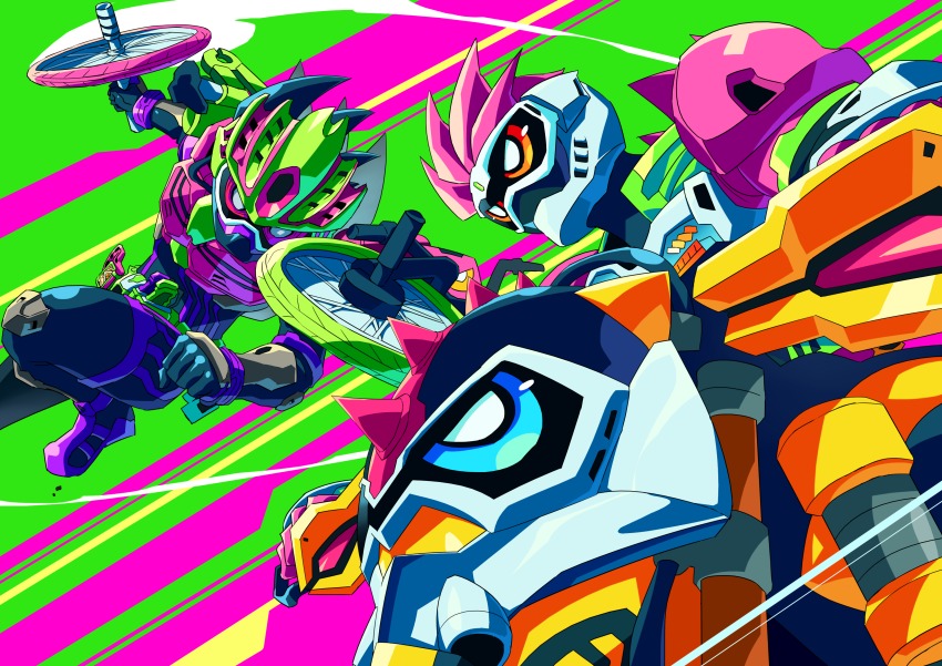 absurdres action_gamer_level_2 adk-em armor bandai bandai_namco belt bicycle bike_gamer_level_2 breastplate commentary_request gamer_driver highres ishimori_prod kamen_rider kamen_rider_ex-aid kamen_rider_ex-aid_(series) kamen_rider_genm kamen_rider_lazer motion_lines motor_vehicle motorcycle otokamu proto_mighty_action_x_gashat shakariki_sports_gashat speed_lines sports_gamer_level_3 toei_company tokusatsu tv_asahi