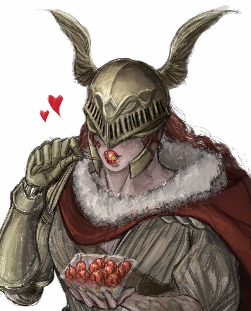 1girl absurdres cape covered_eyes elden_ring food fur-trimmed_cape fur_trim heart helmet highres holding holding_food long_hair malenia_blade_of_miquella prosthesis prosthetic_arm red_cape red_hair satsu-strive scar simple_background solo visor_(armor) wavy_hair white_background winged_helmet