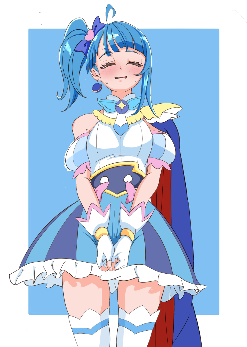 1girl absurdres anago_001 blue_background blue_bow blue_bowtie blue_cape blue_dress blue_eyes blue_hair blush bow bowtie brooch cape closed_mouth commentary commentary_request commission cosplay cowboy_shot cure_sky cure_sky_(cosplay) cut_bangs detached_sleeves dress dress_bow earrings fingerless_gloves frilled_dress frills gloves hair_bow highres hirogaru_sky!_precure jewelry medium_dress medium_hair nervous_sweating open_mouth partial_commentary pink_bow precure puffy_detached_sleeves puffy_sleeves red_cape self_cosplay short_dress side_ponytail single_earring single_sidelock skeb_commission sleeveless sleeveless_dress smile solo sora_harewataru standing sweat thighhighs two-sided_cape two-sided_fabric two-tone_dress v_arms white_dress white_gloves white_thighhighs wing_brooch