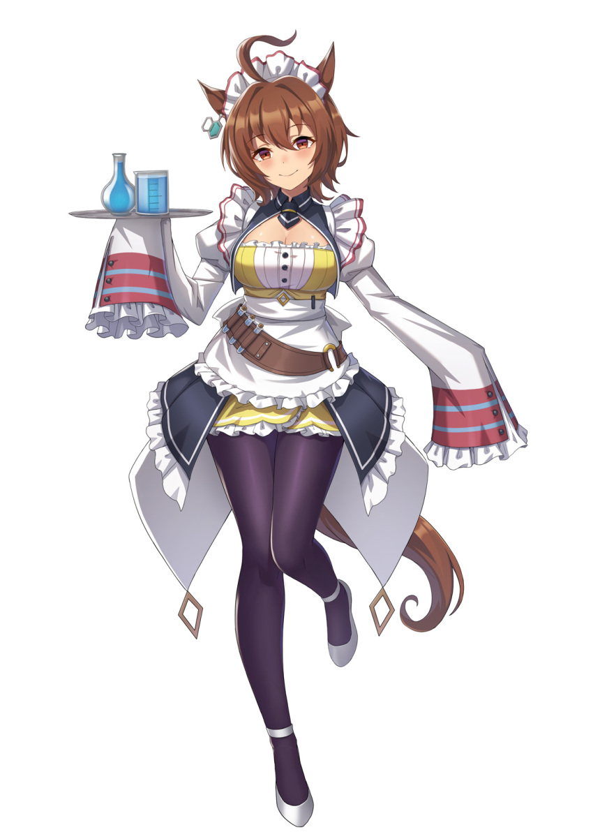 adapted_costume agnes_tachyon_(umamusume) ahoge alternate_costume animal_ears apron beaker black_necktie black_pantyhose black_skirt blush breasts brown_eyes brown_hair cleavage commentary earrings enmaided flask hair_between_eyes highres holding holding_tray horse_ears horse_girl horse_tail horseshoe_ornament jewelry large_breasts leg_up long_sleeves maid maid_headdress necktie pantyhose shirt short_necktie simple_background single_earring skirt sleeves_past_fingers sleeves_past_wrists smile tail test_tube tray umamusume vococo volumetric_flask waist_apron white_background white_footwear white_sleeves yellow_shirt