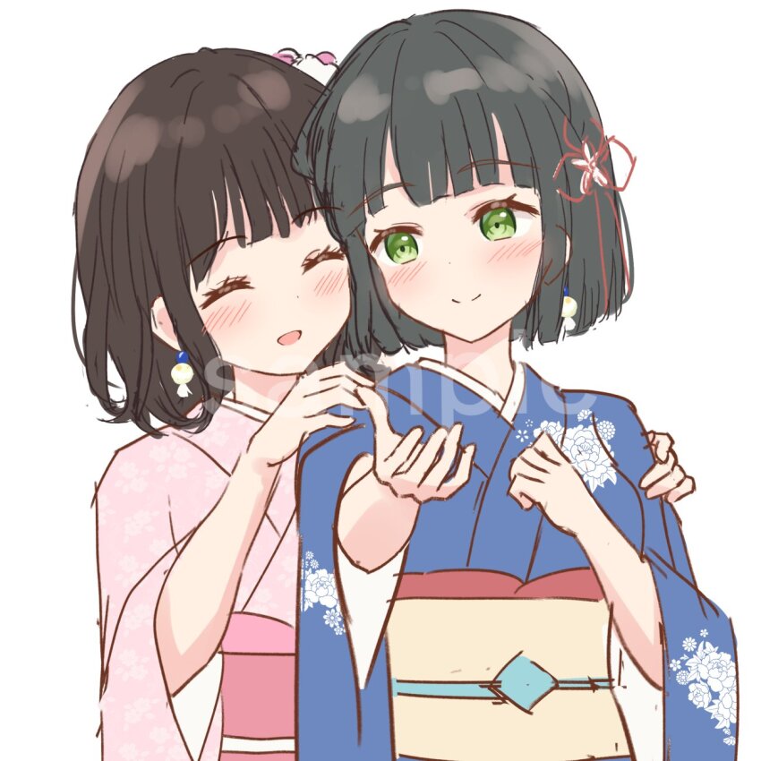 2girls :d ^_^ animification black_hair blue_kimono blunt_bangs blunt_ends blush bob_cut breasts brown_sash closed_eyes closed_mouth commentary_request floral_print floral_print_kimono flower flower_knot green_eyes hair_flower hair_ornament hanazora_satsuki hand_on_another&#039;s_arm hand_on_another&#039;s_shoulder highres japanese_clothes kimono link!_like!_love_live! looking_at_another love_live! medium_breasts momose_ginko momose_ginko_(summer_casual) multiple_girls obi obiage obijime open_mouth outstretched_arm pink_kimono print_kimono real_life sakurai_hina sample_watermark sash short_hair simple_background smile split_mouth unfinished virtual_youtuber voice_actor voice_actor_connection watermark white_background