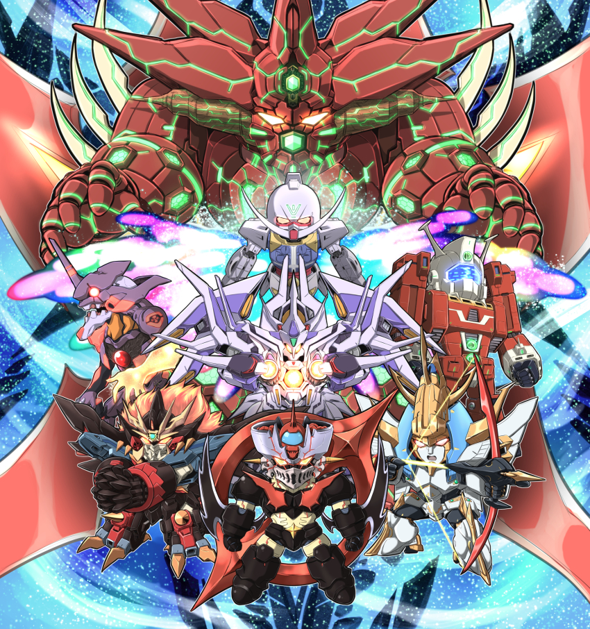 arrow_(projectile) bow_(weapon) chibi chou_tengen_toppa_gurren-lagann commentary_request crossover densetsu_kyojin_ideon energy_wings eva_01 evangelion:_2.0_you_can_(not)_advance genesic_gaogaigar getter_emperor getter_robo glowing glowing_eyes glowing_hand god_raideen great_zeorymer gundam hades_project_zeorymer highres ideon mazinger_(series) mazinger_zero_(mecha) mecha mecha_focus moonlight_butterfly_(gundam) multiple_crossover neon_genesis_evangelion no_humans raideen_(series) rebuild_of_evangelion red_eyes robot shin_getter_robo shin_mazinger_zero super_robot super_robot_wars tengen_toppa_gurren_lagann trait_connection turn_a_gundam turn_a_gundam_(mobile_suit) visor weapon yellow_eyes yuusha_ou_gaogaigar yuusha_ou_gaogaigar_final yuusha_series zatou_(kirsakizato)