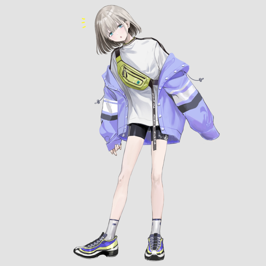 1girl bag bike_shorts blue_eyes blue_jacket blush breasts chinese_commentary commentary_request dot_nose fanny_pack full_body grey_background grey_hair highres idolmaster idolmaster_shiny_colors infukun jacket long_sleeves looking_at_viewer off_shoulder open_clothes open_jacket open_mouth serizawa_asahi shirt shoes short_hair shoulder_bag simple_background sleeves_past_fingers sleeves_past_wrists small_breasts sneakers socks solo standing streetwear white_shirt white_socks
