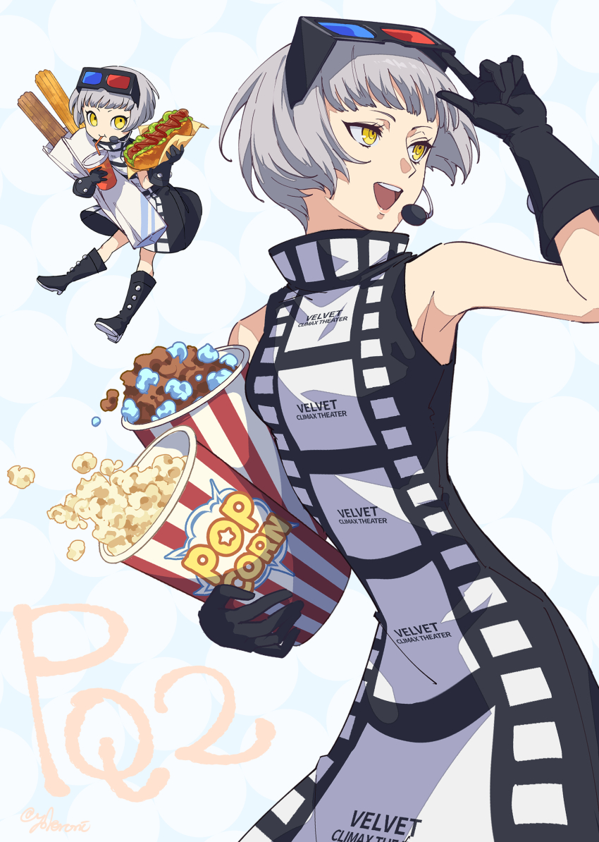 1girl 3d_glasses absurdres black_boots black_dress black_gloves bob_cut boots chibi commentary_request copyright_name cup disposable_cup dress elizabeth_(persona) eyewear_on_head food gloves grey_hair highres holding holding_cup holding_food official_alternate_costume persona persona_3 persona_q2:_new_cinema_labyrinth persona_q_(series) popcorn short_hair sleeveless sleeveless_dress smile solo teeth twitter_username two-tone_dress upper_teeth_only white_dress yellow_eyes yokaroni
