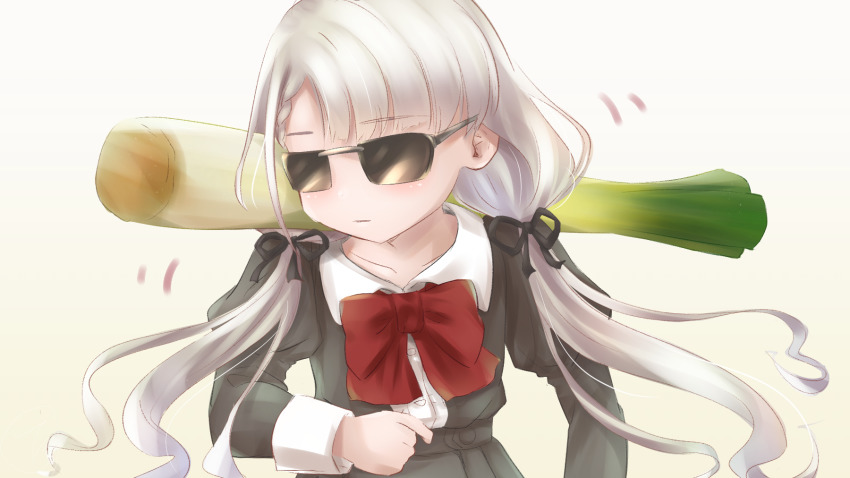1girl bow bowtie braid braided_bangs dancing_pallbearers_(meme) gradient_background grey_hair hair_ornament hair_ribbon highres hisakawa_nagi idolmaster idolmaster_cinderella_girls idolmaster_cinderella_girls_starlight_stage ishita_teru long_hair long_sleeves meme ribbon ribbon_trim school_uniform serious simple_background sleeve_cuffs solo spring_onion sunglasses twintails