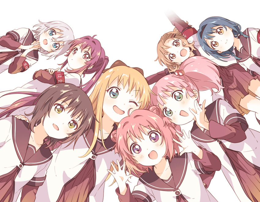 6+girls :/ :d ;d \||/ ahoge akaza_akari aqua_eyes armband arms_up black_hair blonde_hair blue_eyes blue_hair blush bow brown_bow brown_eyes brown_hair closed_mouth collarbone crossed_arms double_bun dress fang funami_yui furutani_himawari glasses green_eyes grey_hair hair_between_eyes hair_bow hair_bun hair_intakes hair_ornament hairpin hand_on_another&#039;s_shoulder ikeda_chitose layered_sleeves long_hair long_sleeves looking_at_viewer multiple_girls namori nanamori_school_uniform official_art one_eye_closed oomuro_sakurako open_hands open_mouth own_hands_together palms_together pleated_dress ponytail purple_eyes purple_hair red_armband rimless_eyewear safety_pin school_uniform shirt short_dress short_hair short_over_long_sleeves short_sleeves short_twintails sidelocks simple_background smile split_mouth sugiura_ayano toshinou_kyouko transparent_background twintails v-shaped_eyebrows white_shirt yellow_eyes yoshikawa_chinatsu yuruyuri