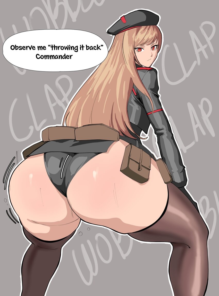 1girl ass ass_focus ass_shake black_panties black_thighhighs brown_hair cropped_jacket english_text goddess_of_victory:_nikke hands_on_own_knees hat highres huge_ass long_hair looking_at_viewer military_hat octavius_dp panties rapi_(nikke) simple_background speech_bubble thick_thighs thighhighs thighs twerking underwear wedgie