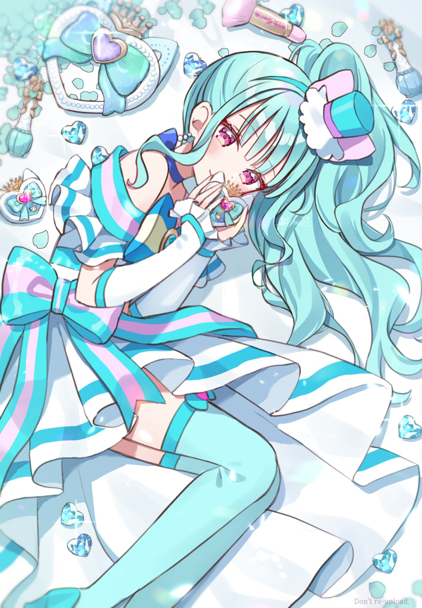 1girl amity_ribbon_tamourine aqua_bow aqua_hair aqua_hairband aqua_hat aqua_thighhighs blue_bow blue_bowtie blue_choker bow bowtie choker closed_mouth commentary cure_lillian dress dress_bow earrings from_above gloves hairband half_gloves hat highres hiiragi_syuu holding jewelry long_hair looking_at_viewer lying magical_girl medium_dress mini_hat mini_top_hat nekoyashiki_mayu off-shoulder_dress off_shoulder on_side precure purple_eyes shiny_cats_pact side_ponytail smile solo sparkle thighhighs top_hat white_dress white_gloves wonderful_precure!