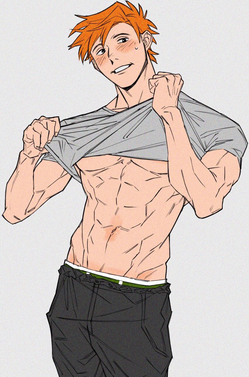 1boy abs black_eyes black_pants blush clothes_lift collarbone green_male_underwear grey_background grey_shirt highres humanization looking_at_viewer male_focus male_underwear male_underwear_peek orange_hair pants parted_lips robin_hood_(disney_character) robin_hood_(disney_movie) shirt shirt_lift short_hair short_sleeves solo sweatdrop toned toned_male underpec underwear uochandayo