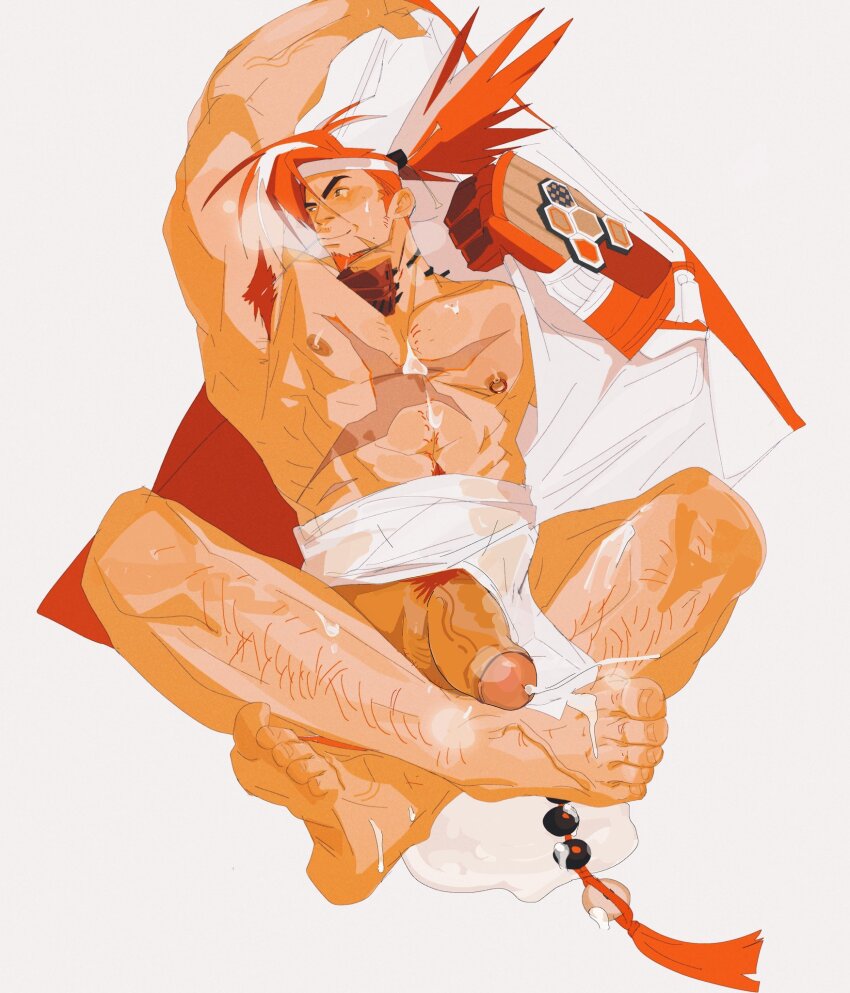 1boy abs alchemy_stars alternate_body_hair armpit_hair armpits bamashengze bara bare_pectorals between_pectorals breath clothing_aside cum cum_on_body cum_on_feet cum_on_male cum_on_pectorals erection facial_hair foreskin full_body girthy_penis goatee headband highres knees_apart_feet_together large_pectorals leg_hair loincloth long_sideburns looking_to_the_side lying male_focus mature_male mechanical_arms mouth_hold muscular muscular_male navel navel_hair nipples on_back pectorals pelvic_curtain pelvic_curtain_aside penis projectile_cum red_hair scar scar_on_chest short_hair sideburns sideburns_stubble single_mechanical_arm sinsa_(alchemy_stars) smile solo sparse_chest_hair stalk_in_mouth stomach stubble thick_eyebrows undressing v-shaped_eyebrows veins veiny_arms veiny_feet veiny_penis white_hair