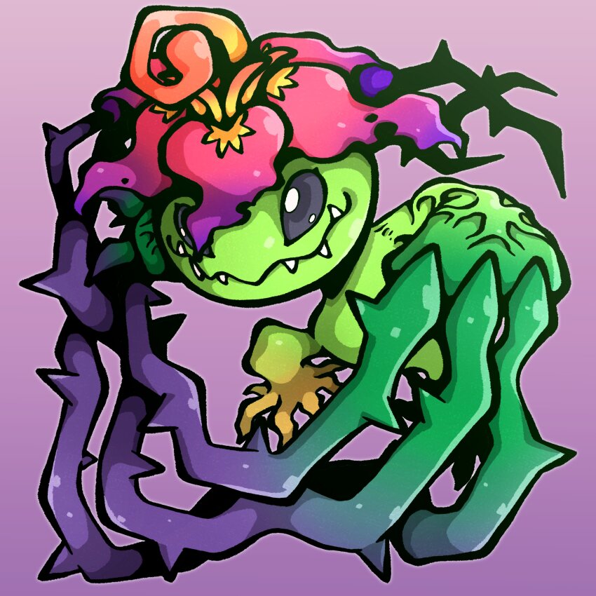absurdres black_sclera colored_sclera colored_skin digimon digimon_(creature) gradient_background green_skin highres jumping looking_at_viewer no_pupils palmon petals plant_roots sanjuro_art sharp_teeth smile teeth thorns veins