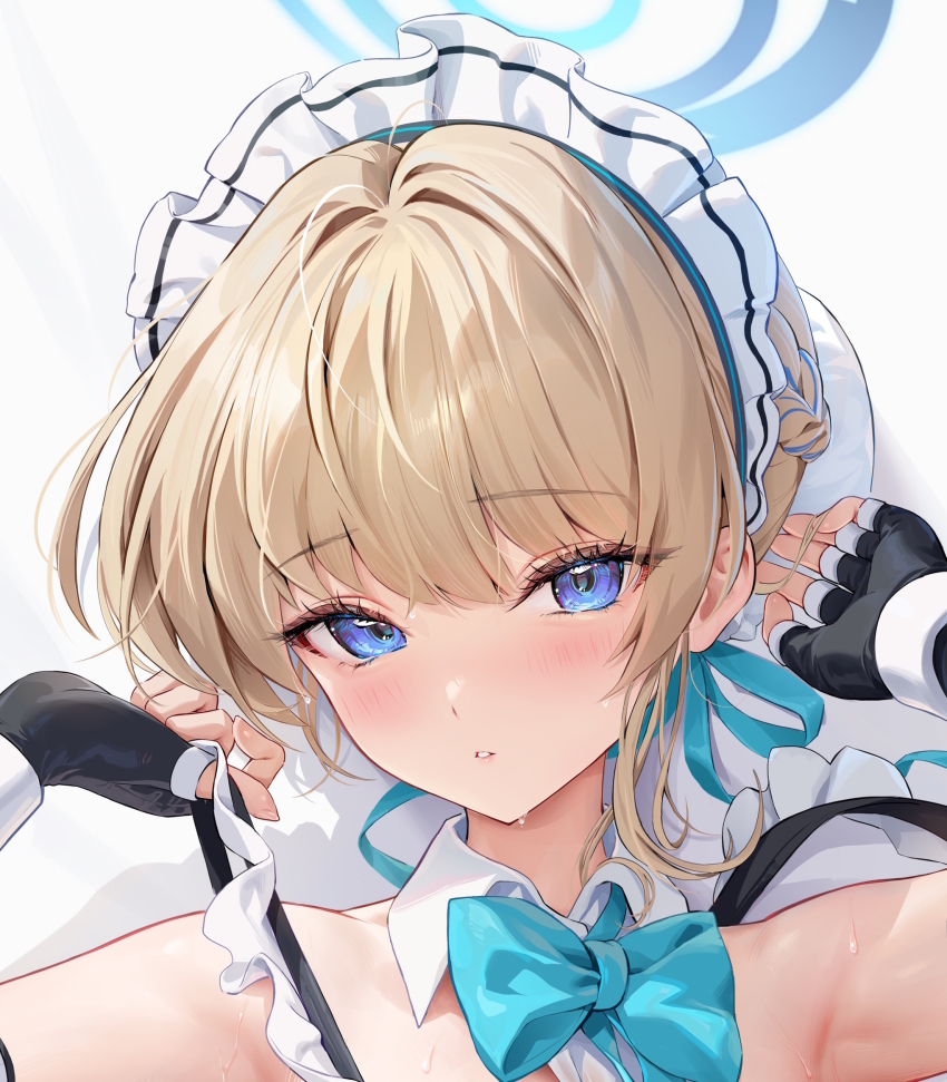 1girl bare_shoulders black_gloves blue_archive blush detached_collar fingerless_gloves gloves hair_between_eyes highres houkisei maid_headdress parted_lips solo toki_(blue_archive) upper_body